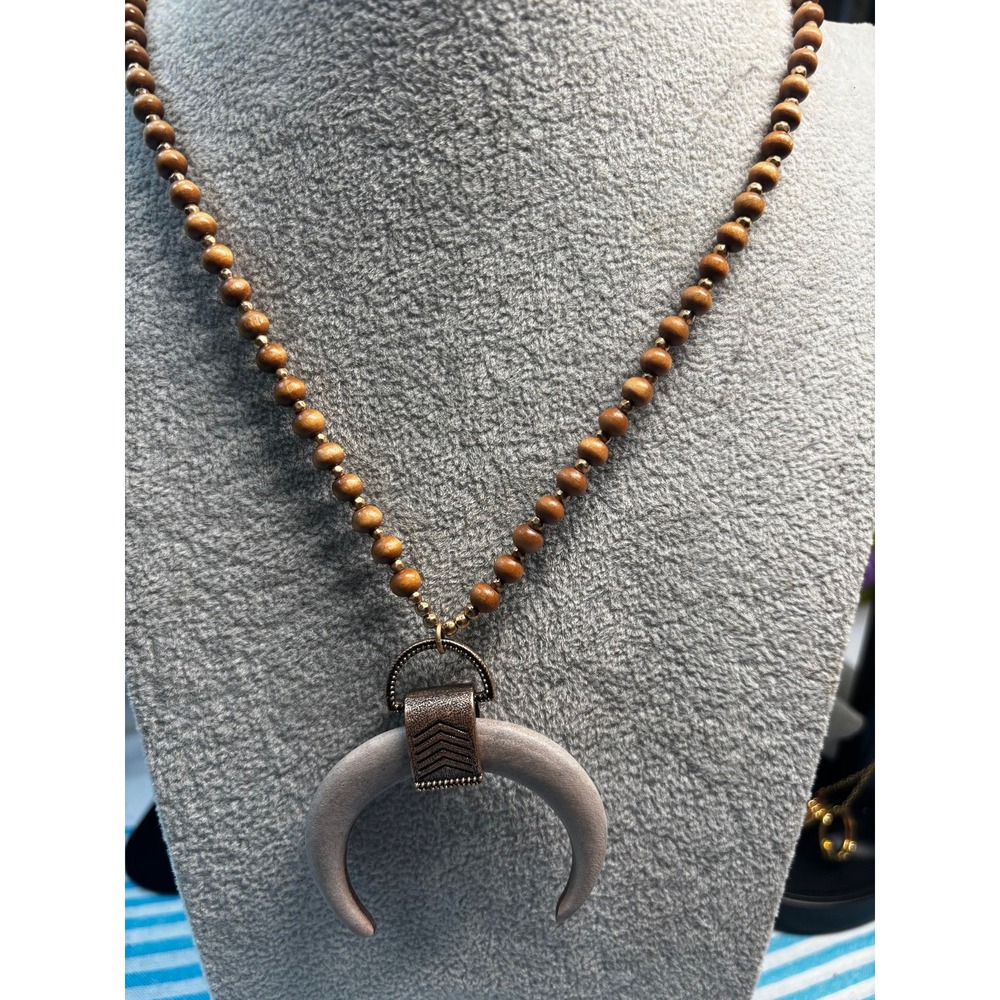 #51. Influence Wooden Beaded Necklace with Crescent Horn Pendant